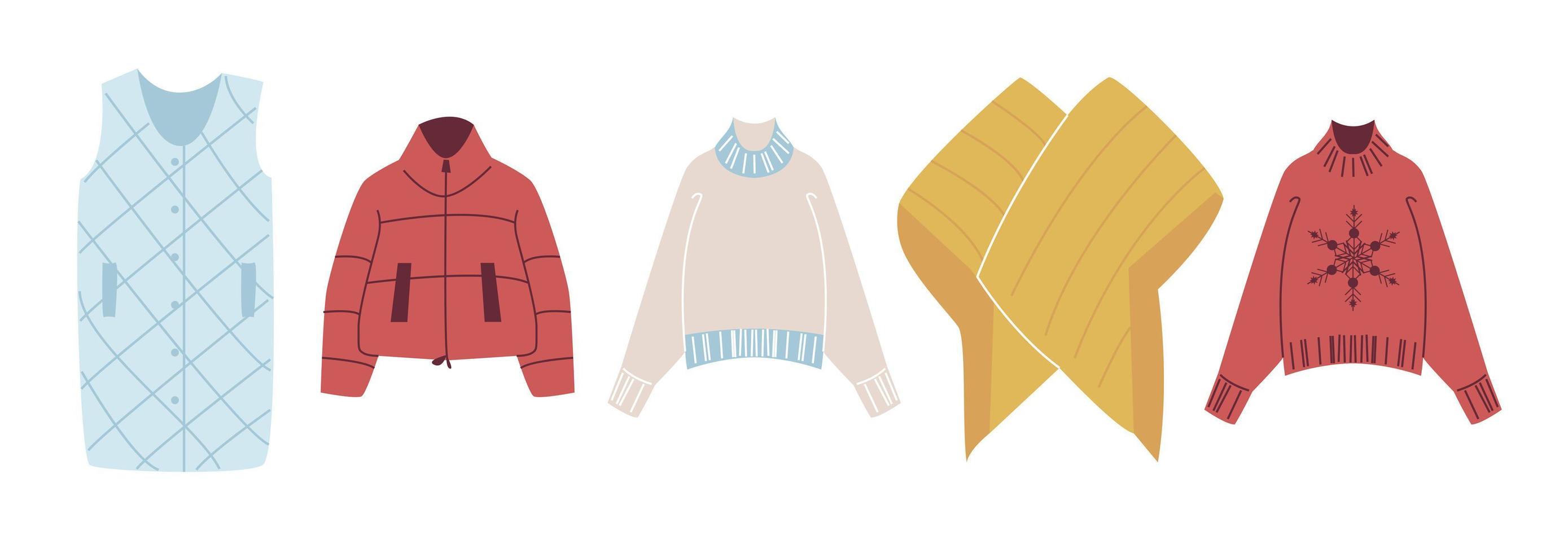 establecer ropa de invierno de moda. chaqueta de plumas, chaleco de plumas, suéter de punto, chaqueta kimono. ropa moderna para primavera, otoño o invierno. ilustración vectorial en estilo plano aislado sobre fondo blanco vector