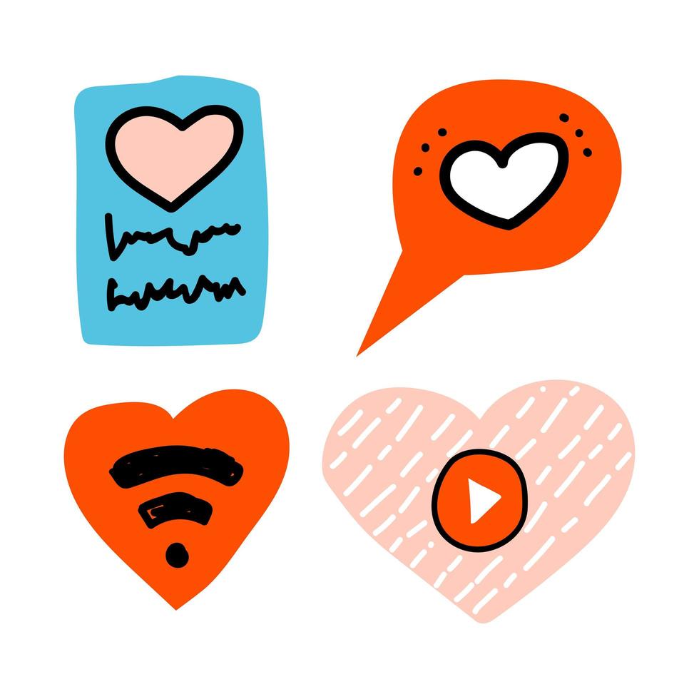 Doodle icons set. Shape heart love and online video showing sign. Speech bubbles with heart and dots. Love paper letter or postcard with pink heart. Wi-Fi sign inside red heart shape. Flat vector