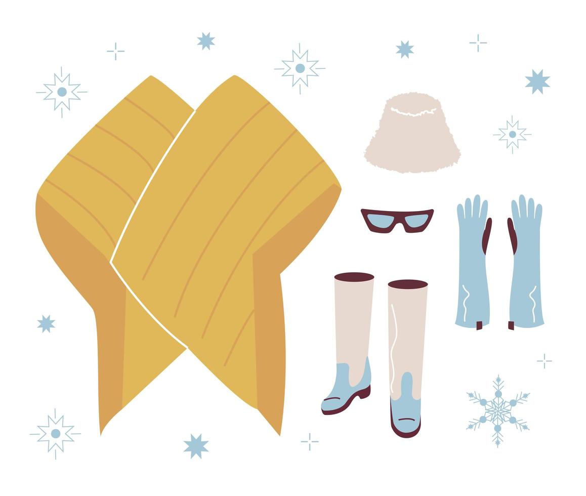 establecer ropa de invierno de moda. plumífero kimono, sombrero panamá, guantes, gafas, botas. ropa moderna para primavera, otoño o invierno. ilustración vectorial en estilo plano aislado sobre fondo blanco vector