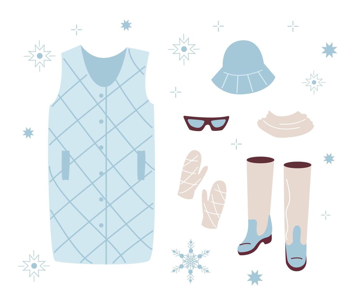 Set trendy Winter clothed. Down vest, Panama hat, scarf, mittens, glasses, boots. Modern Clothing for spring, autumn or winter. Vector illustration in flat style isolated on white background