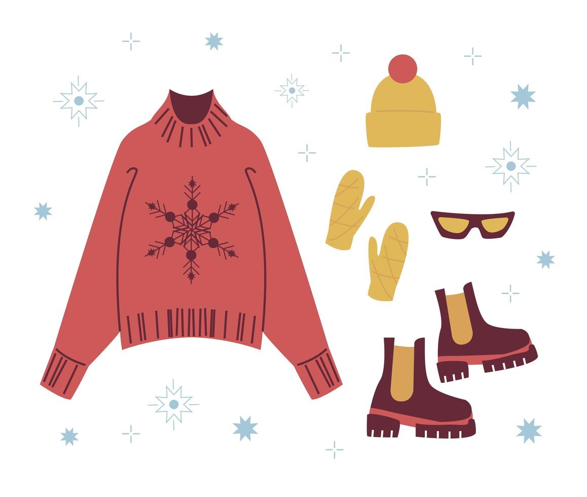Trendy Winter clothed. Set of knitted sweater, hat, mittens, boots and glasses. Modern Clothing for spring, autumn or winter. Vector illustration in flat style isolated on white background