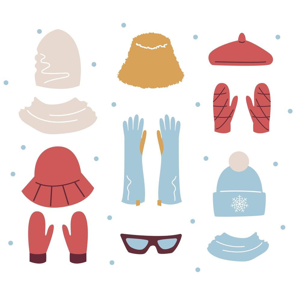conjunto de moda de invierno de accesorios, sombreros y mitones. ropa de invierno moderna para primavera, otoño o invierno. ilustración vectorial simple en estilo plano aislado sobre fondo blanco vector
