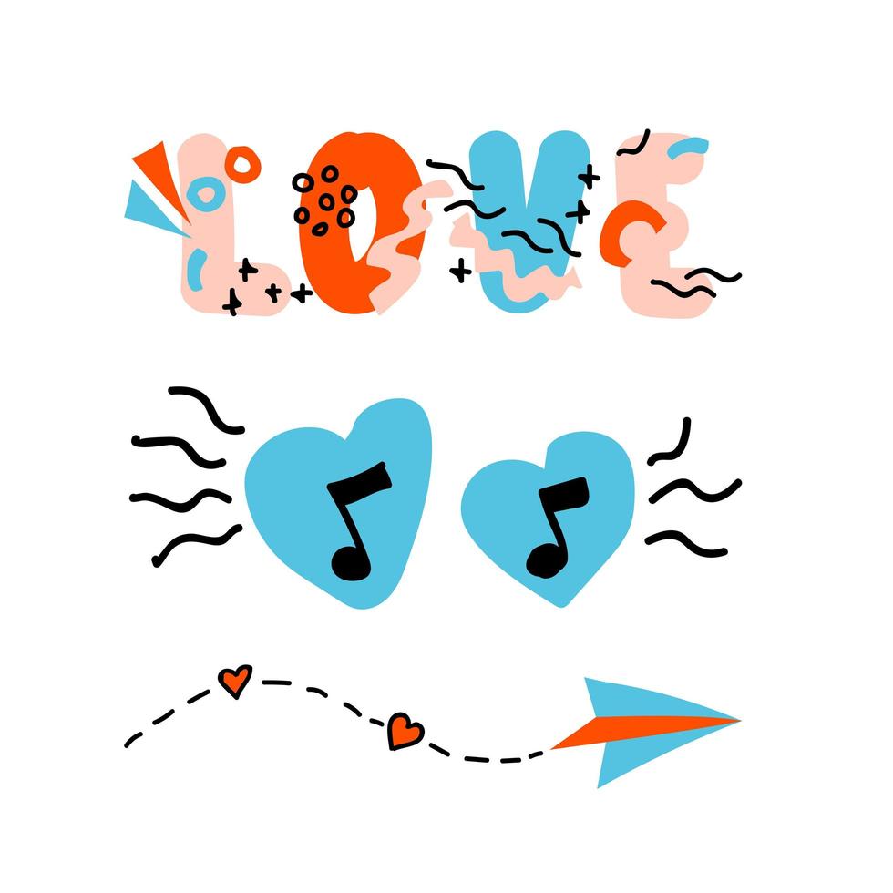 doodle letras de amor, notas musicales y un avión de papel con una trayectoria. conjunto de elementos para el concepto de envío de mensajes musicales y canciones favoritas. amor dibujado a mano vector lineal, vector plano