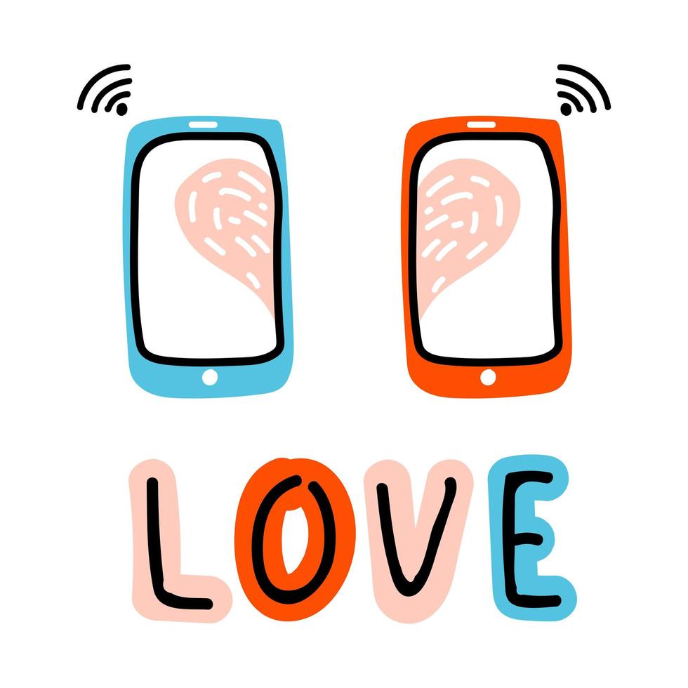 Valentine doodle icon Virtual Love Wi-Fi. Internet Love, talk, chat, decoration, heart and vibes. Abstract Lettering LOVE. Hand drawn, line art and flat vector Illustration for web, sticker