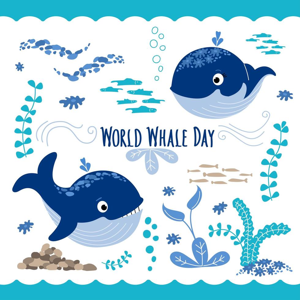 Two cute Whales in undersea world, fish, algae, reefs, stones, bubbles. World Whale Day Lettering. World whales day collection. Protection of marine mammals. Vector flat illustration