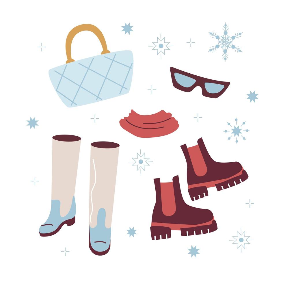 conjunto de moda de invierno de accesorios y zapatos. ropa de invierno moderna para primavera, otoño o invierno. ilustración vectorial simple en estilo plano aislado sobre fondo blanco vector