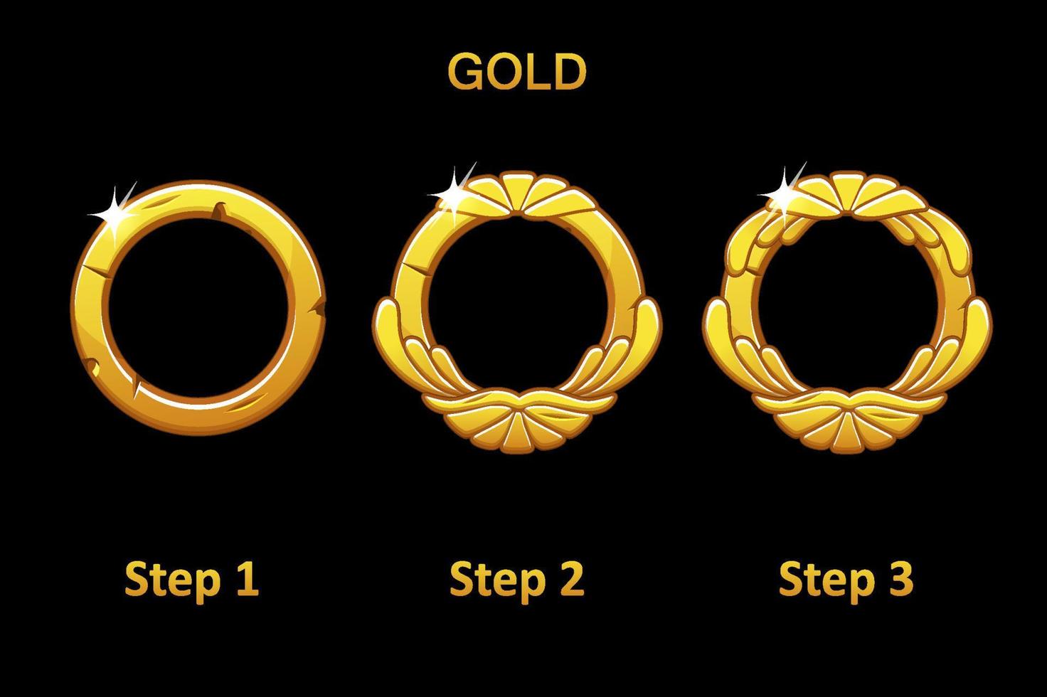 Golden round frame app, 3 steps to progress. Round app icons in steps of drawing for the game on a black background. vector