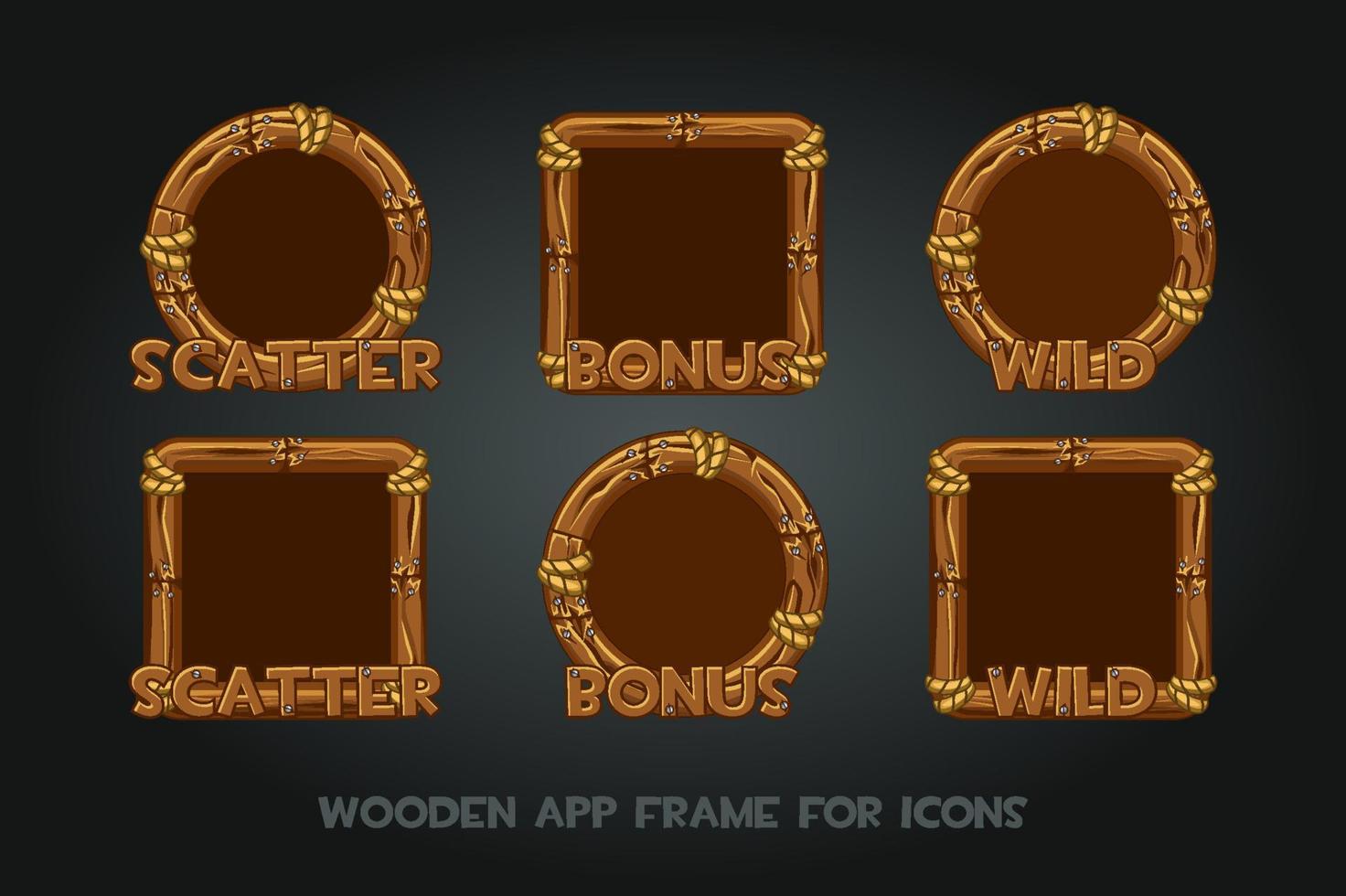 Set wooden app icons old frames on a gray background. Round and square frames with inscriptions and logo. vector
