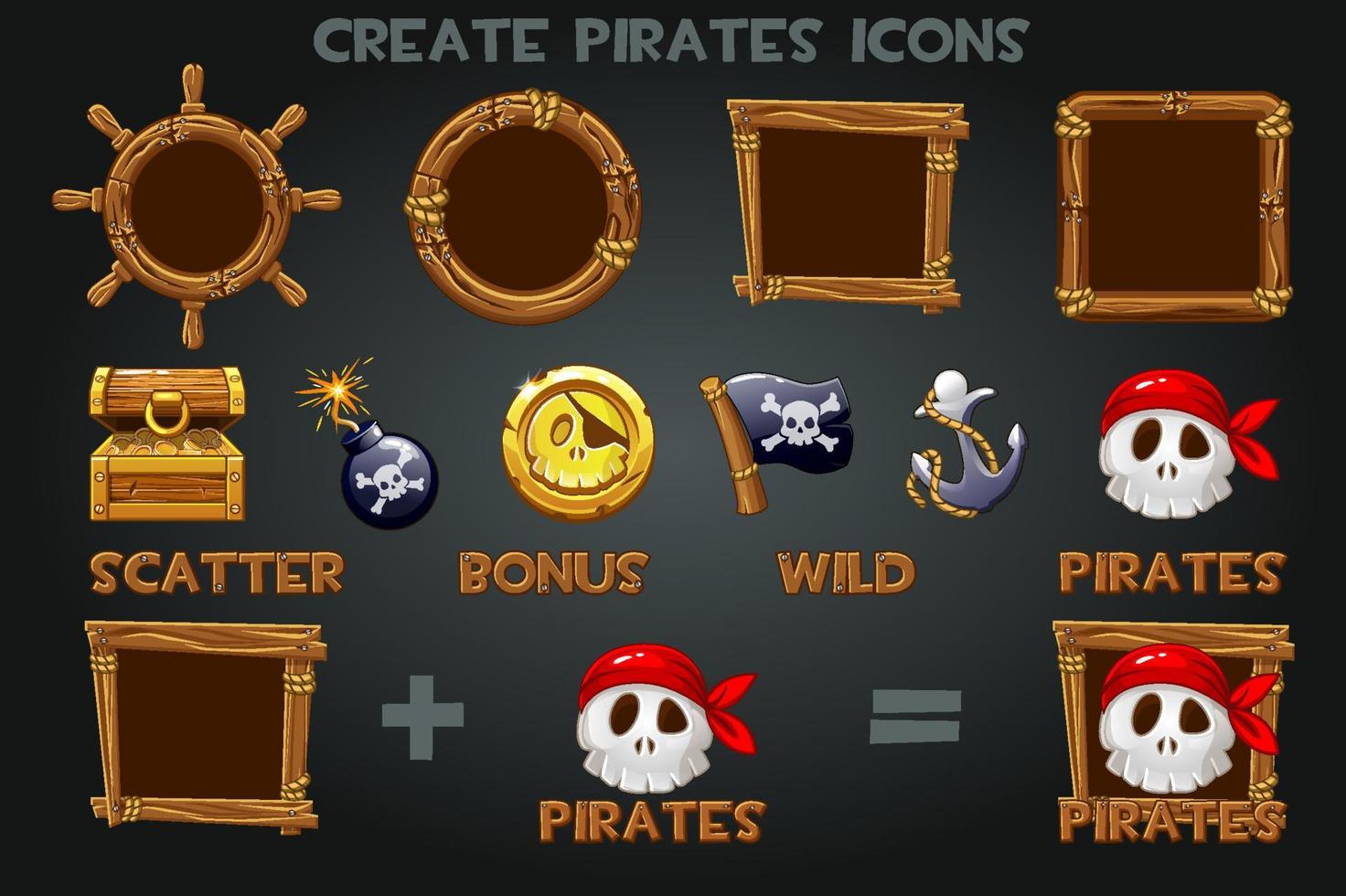 configurado para crear iconos pirateados y marcos de madera. pak símbolos piratas, bandera, moneda, ancla, tesoro. vector