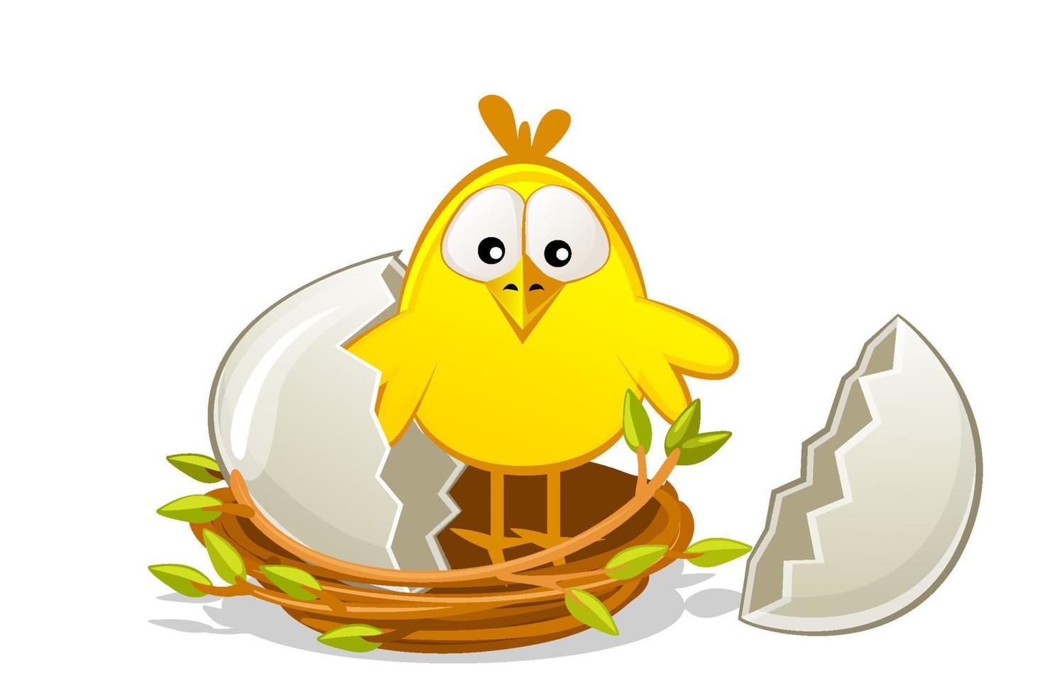 Cute newborn chick in a nest of twigs. Broken egg. Happy easter. Vector flat illustration for kids.