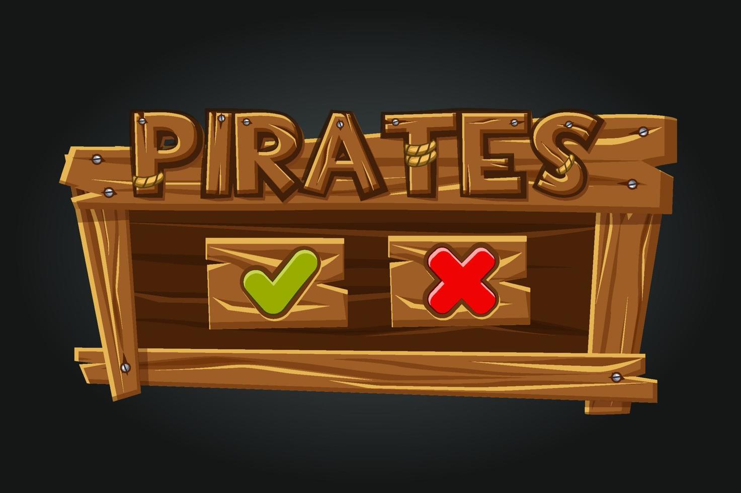 ventana de reproducción de la interfaz de usuario de piratas del juego. Botones sí y cierra. interfaz de madera con logo de piratas. vector