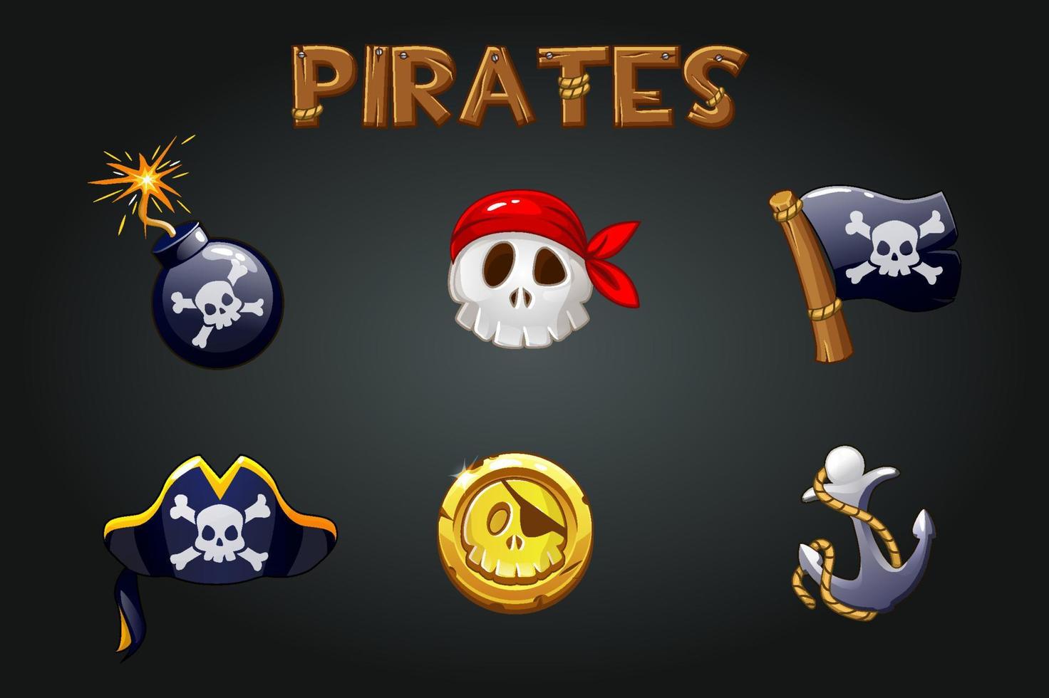 Set of pirate icons and symbols on a gray background. Bomb, anchor, skull, flag signs and wooden logo. vector