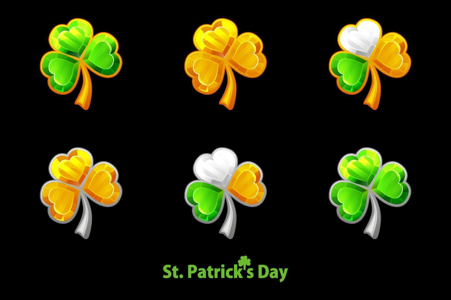 Set precious clover for St. Patricks Day on a black background. Jewelry trefoil, shamrock symbols golden, green. vector