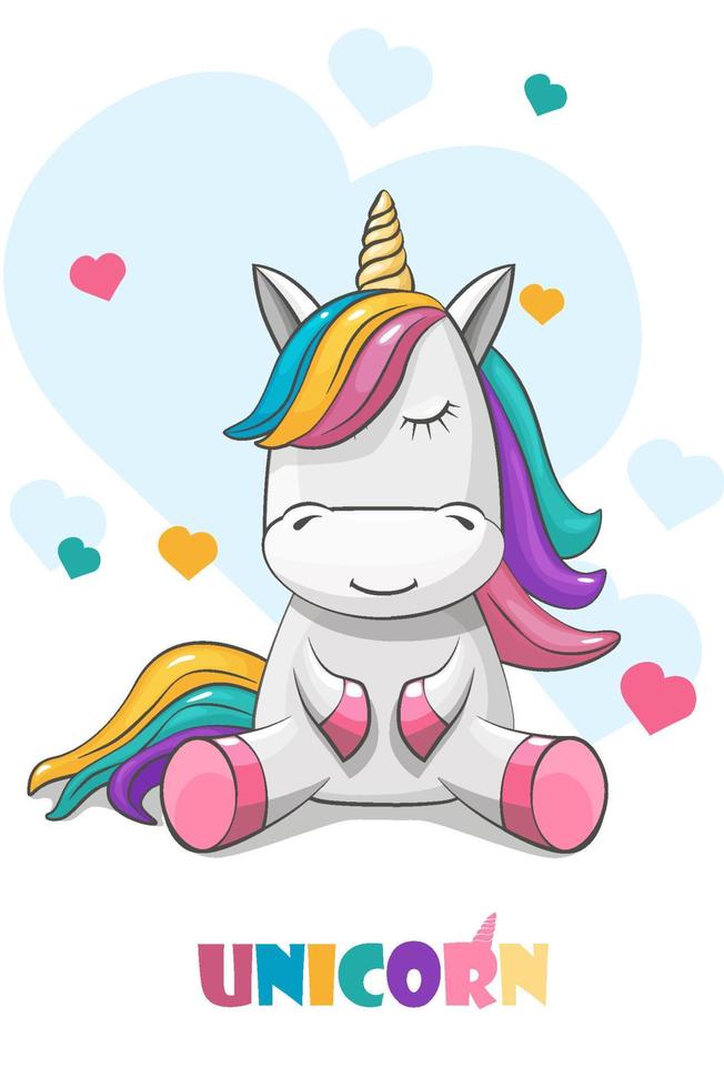 Cute unicorn on a background of hearts. Rainbow hair. Cute fantasy animal, cartoon character unicorn. vector