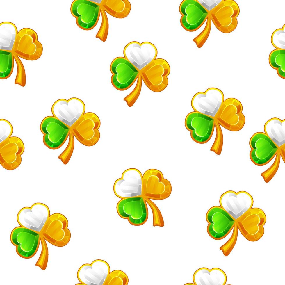 St. Patricks Day seamless Pattern with jewellery clover on a transparent background. Gemstones shape shamrocks, trefoils. vector
