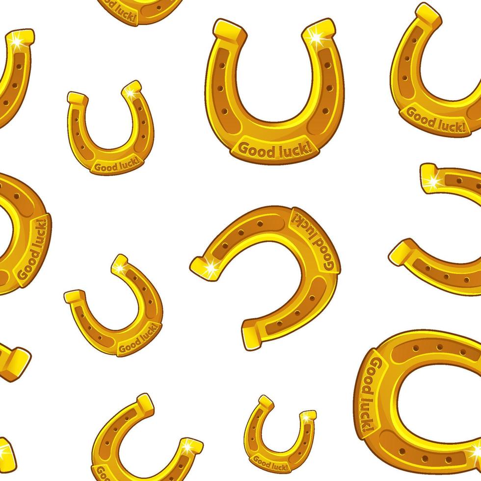 Seamless pattern of small and large golden horseshoes in a scatter. Texture, background to the day of Patrick, a symbol of the holiday horseshoe. vector