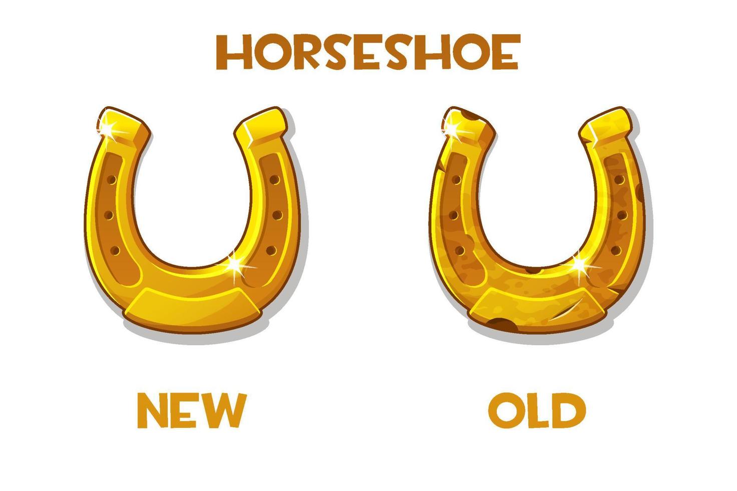 New and old golden horseshoe on a white background. Horseshoes for Patricks Day as a symbol of the holiday. vector