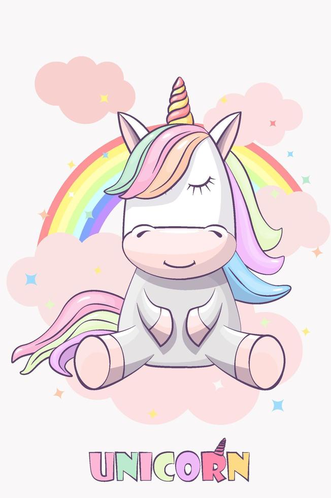 Cute unicorn with rainbow hair on a rainbow background. Unicorn on a cloud in pastel colors. vector