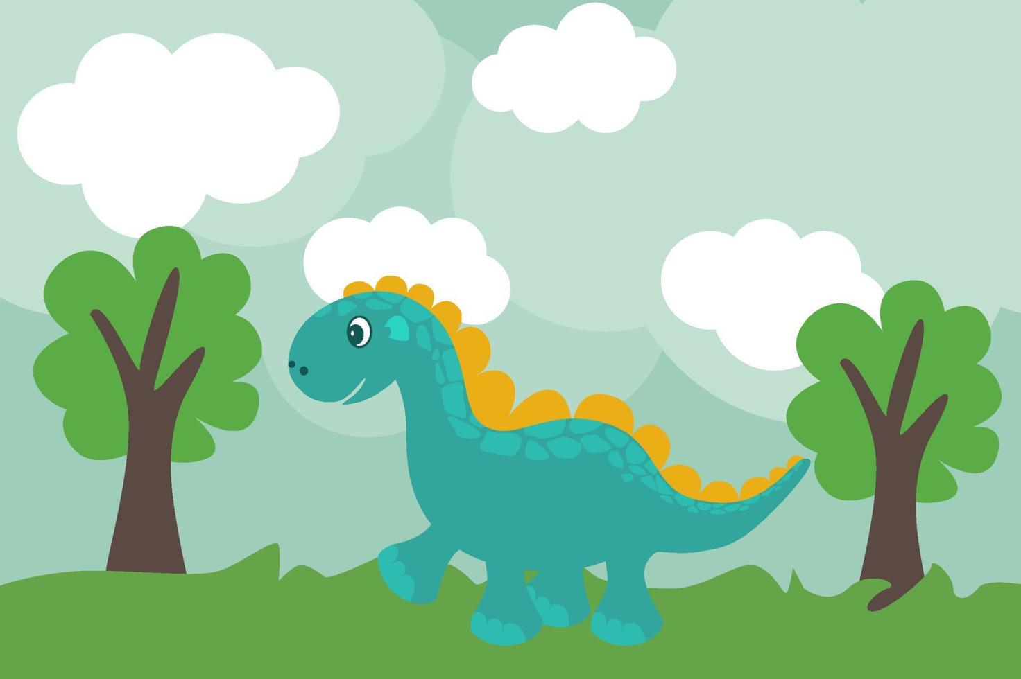 Cute cartoon dino in flat style outdoors. Blue dinosaur in nature. Baby animal. vector