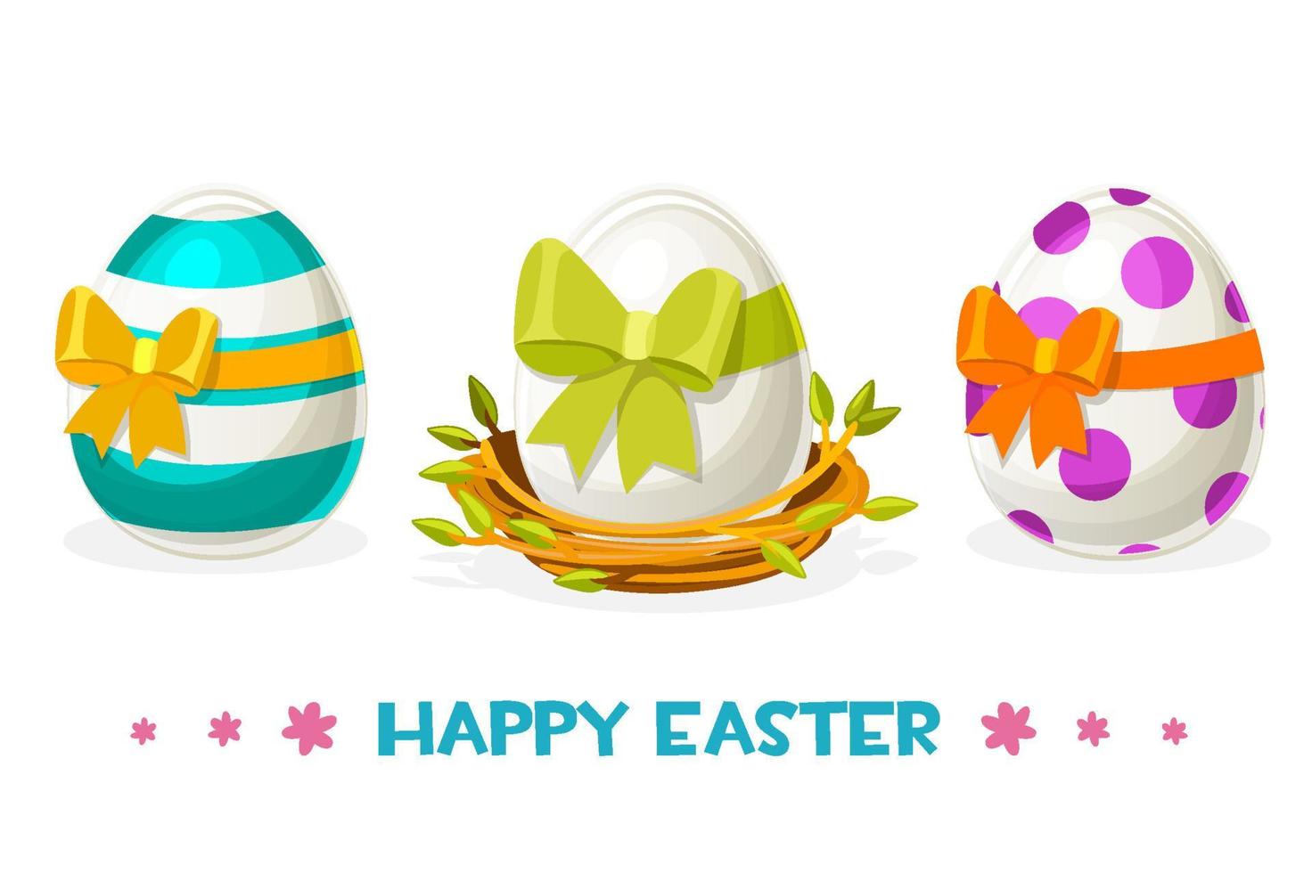 Easter eggs with different patterns in the nest. Colorful chicken eggs with a bow for happy easter. vector