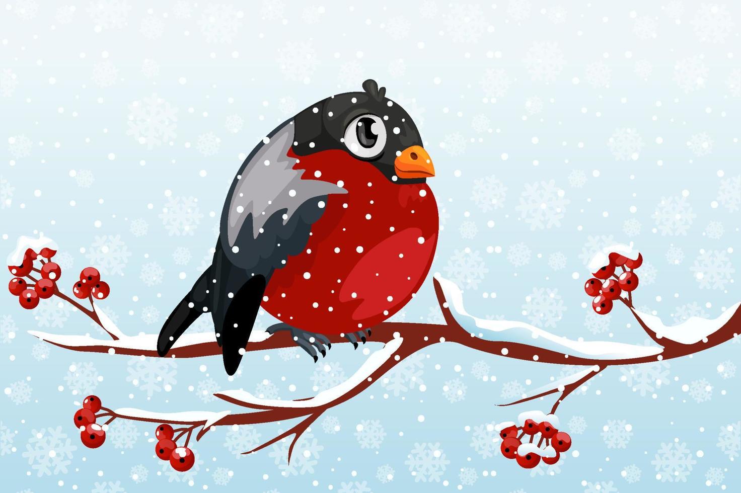 Cartoon Bullfinch on branch Rowan tree under the snowfall. For Christmas decoration, posters, banners and winter sales. Vector illustration Winter season. Other object on separate layers