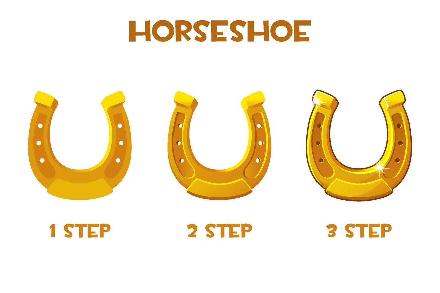Steps of drawing a golden horseshoe on a white background. Animated horseshoe symbol for holiday Patricks Day. vector