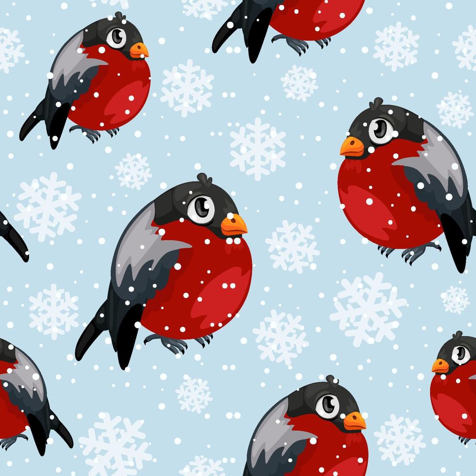 Bullfinch birds seamless pattern with snowfall. Merry Christmas collection background. Winter texture. Vector illustration. Bullfinches and snow on separate layers.