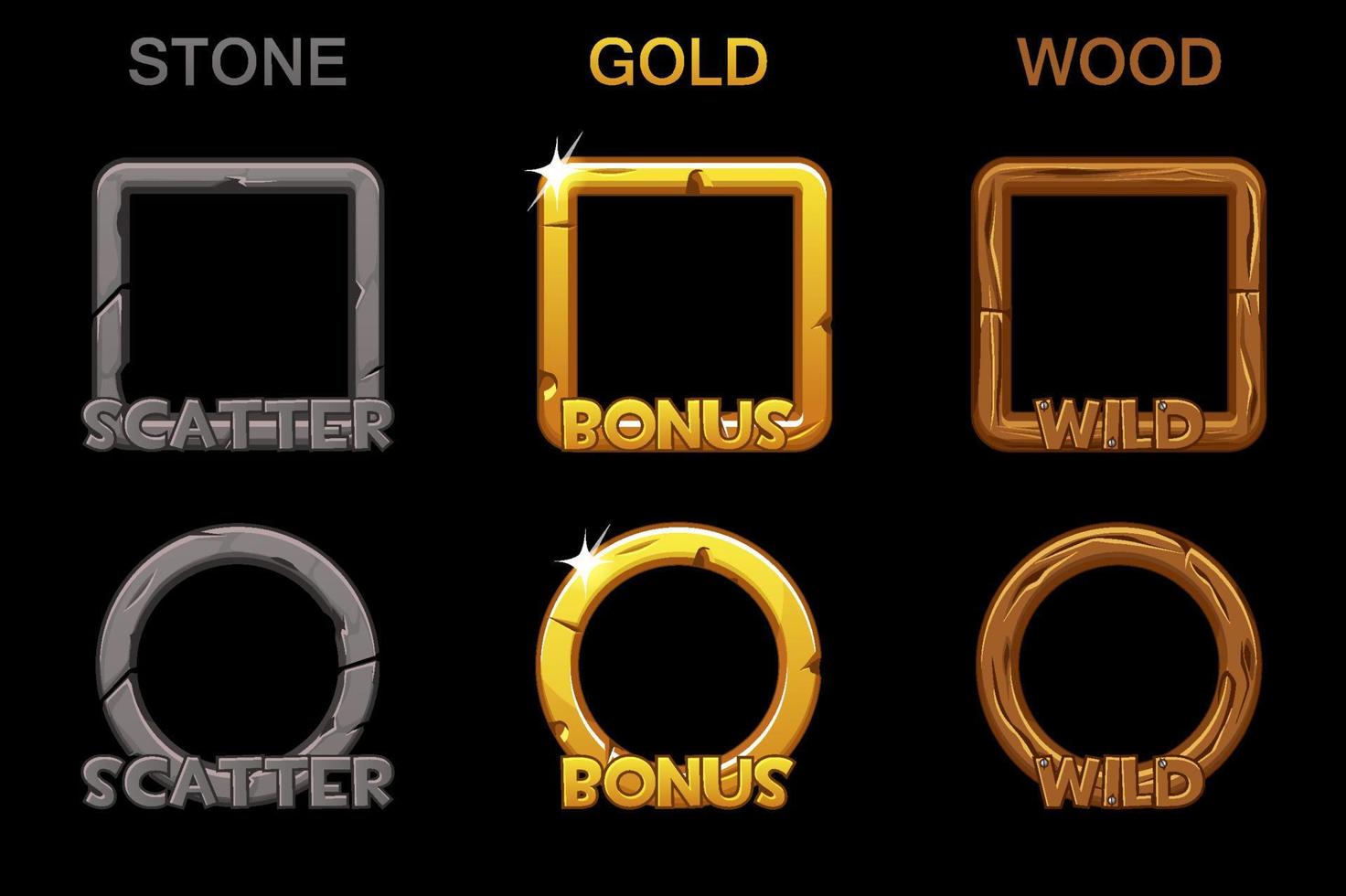 Set app frame icons for game slots on a black background. Square and round gold, wooden stone frames. vector