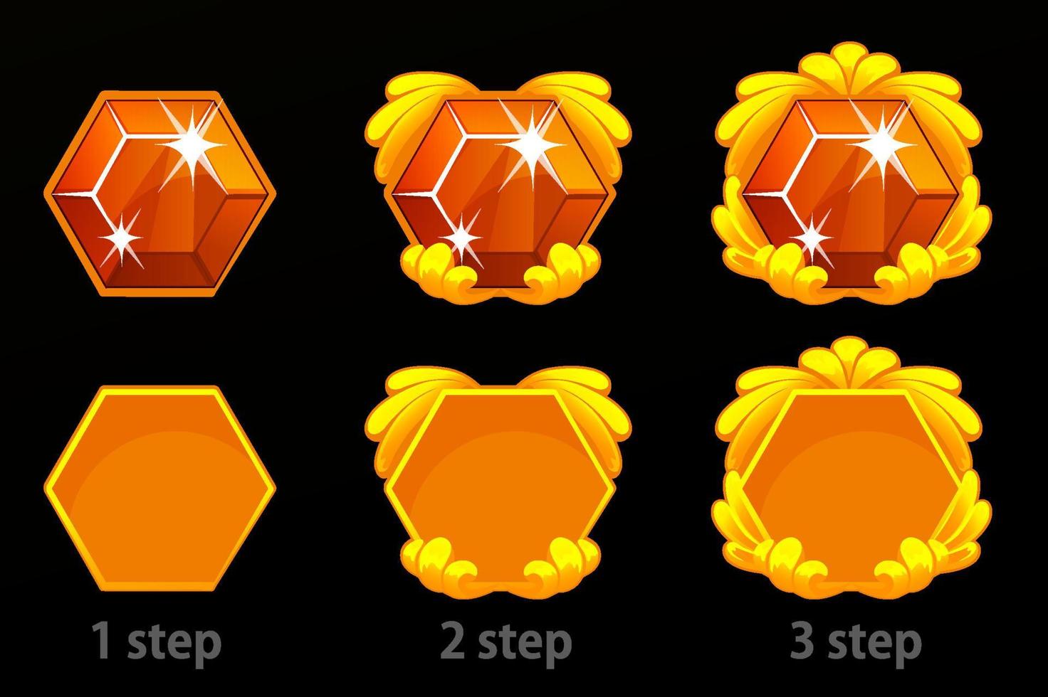 conjunto de mejoras paso a paso del icono de la gema y el marco de la plantilla dorada para el juego. diamantes rojos brillantes aislados. vector