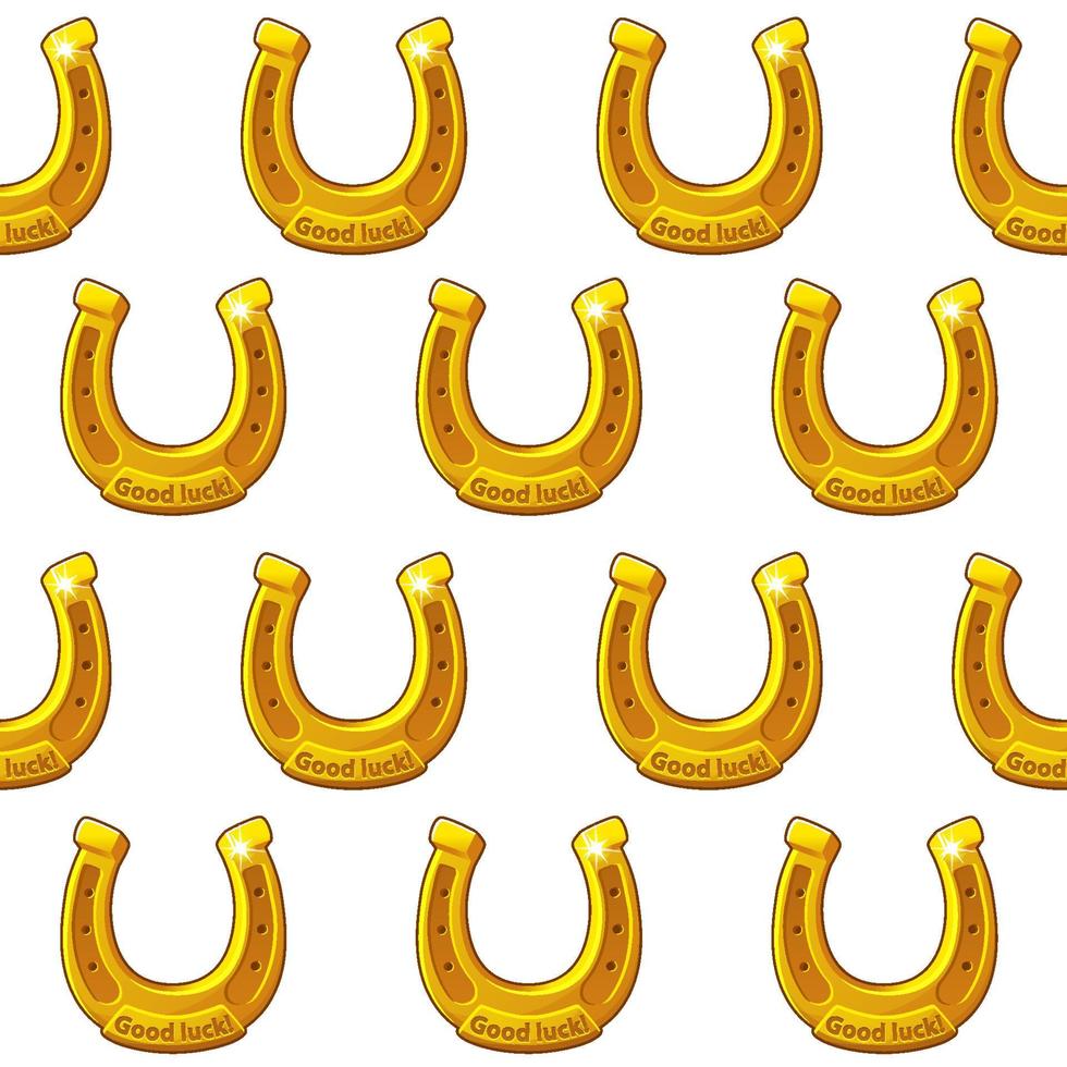 Seamless pattern of golden horseshoes in a row on a white background. Background with the symbol of the day of patrick the horseshoe with the inscription good luck. vector