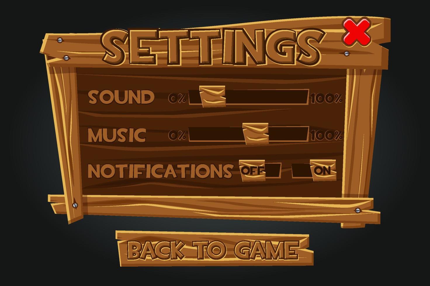 Wooden game user interface, settings window. Settings on the old board for playing sound, notification, music. vector