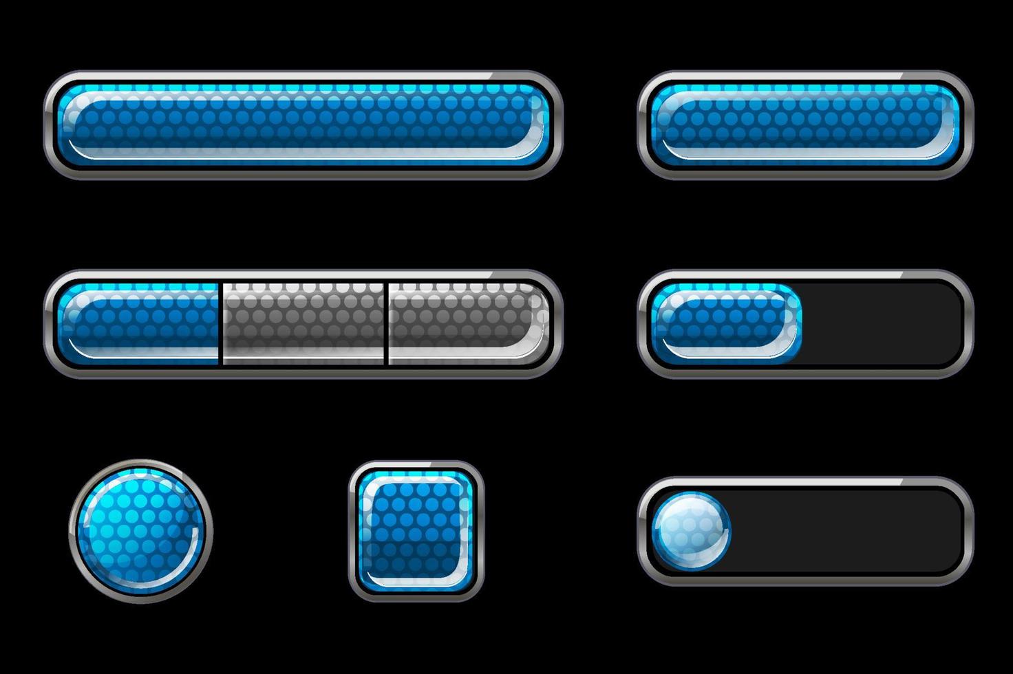 conjunto de botones azules brillantes para la interfaz de usuario. botones de círculo de diferentes formas, cuadrado. vector