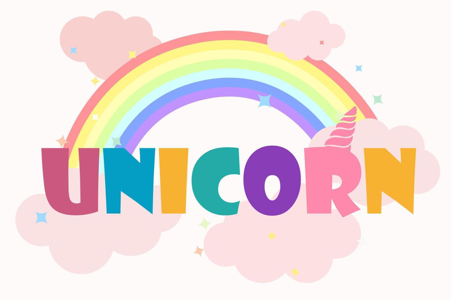 Logo or inscription unicorn with a bright rainbow. Cute inscription with pink clouds. vector