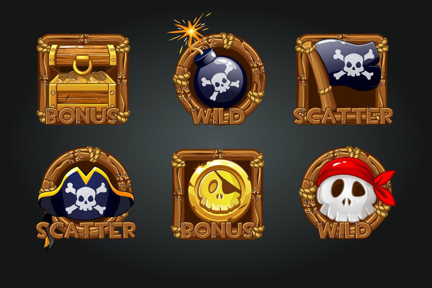 Pirate icons in wooden frames for slots. Icons pirate symbols, treasure bonus, skull, flag, coin, skull. vector