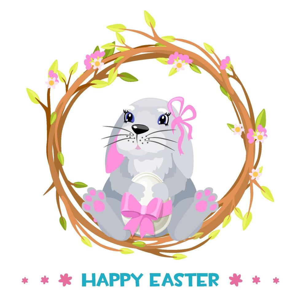 Rabbit in a wreath for happy easter with egg. Cute bunny in a flower in a wreath. Happy Easter logo. vector