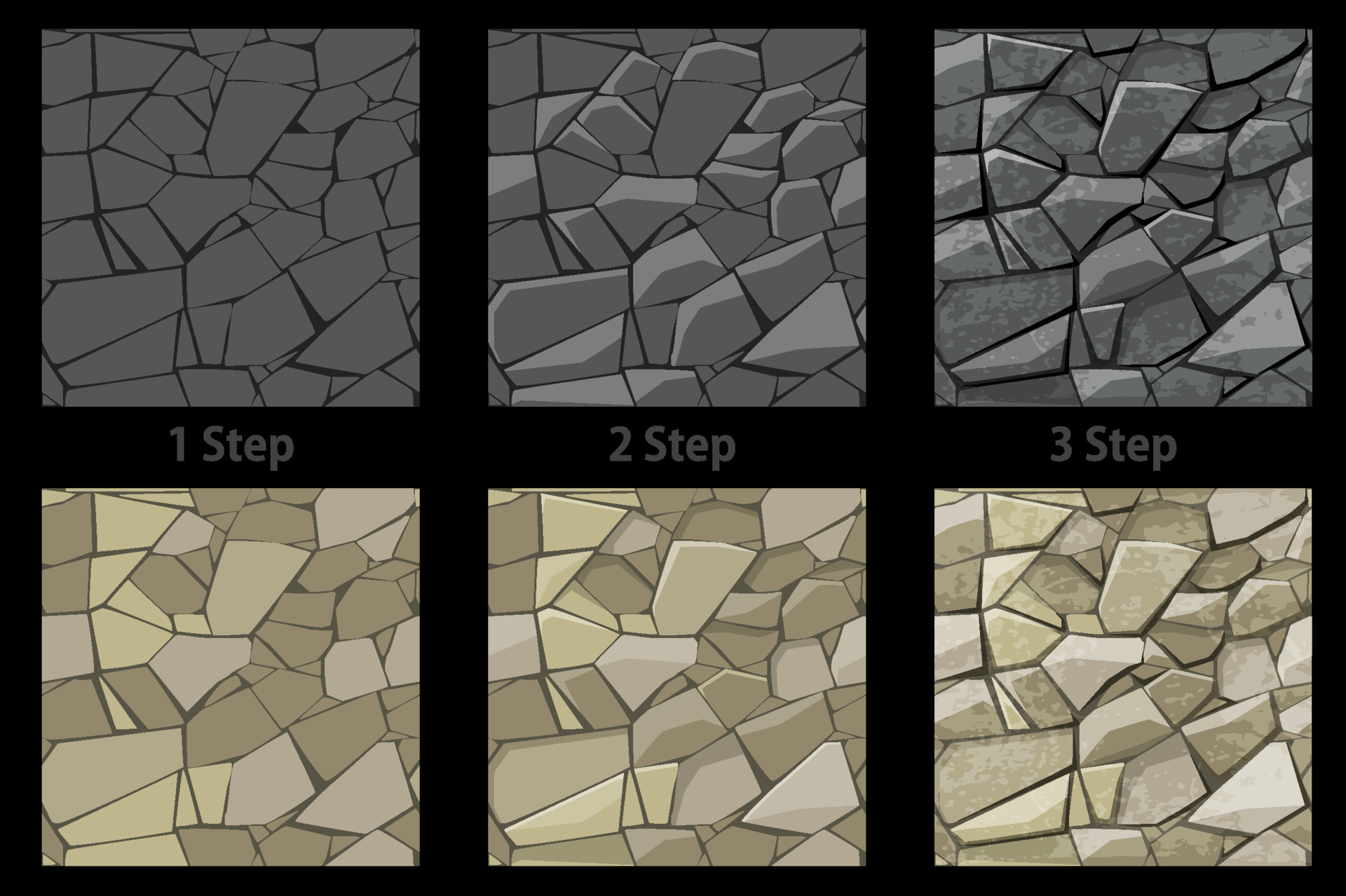 Set of seamless texture stone step by step drawing. Seamless pattern of