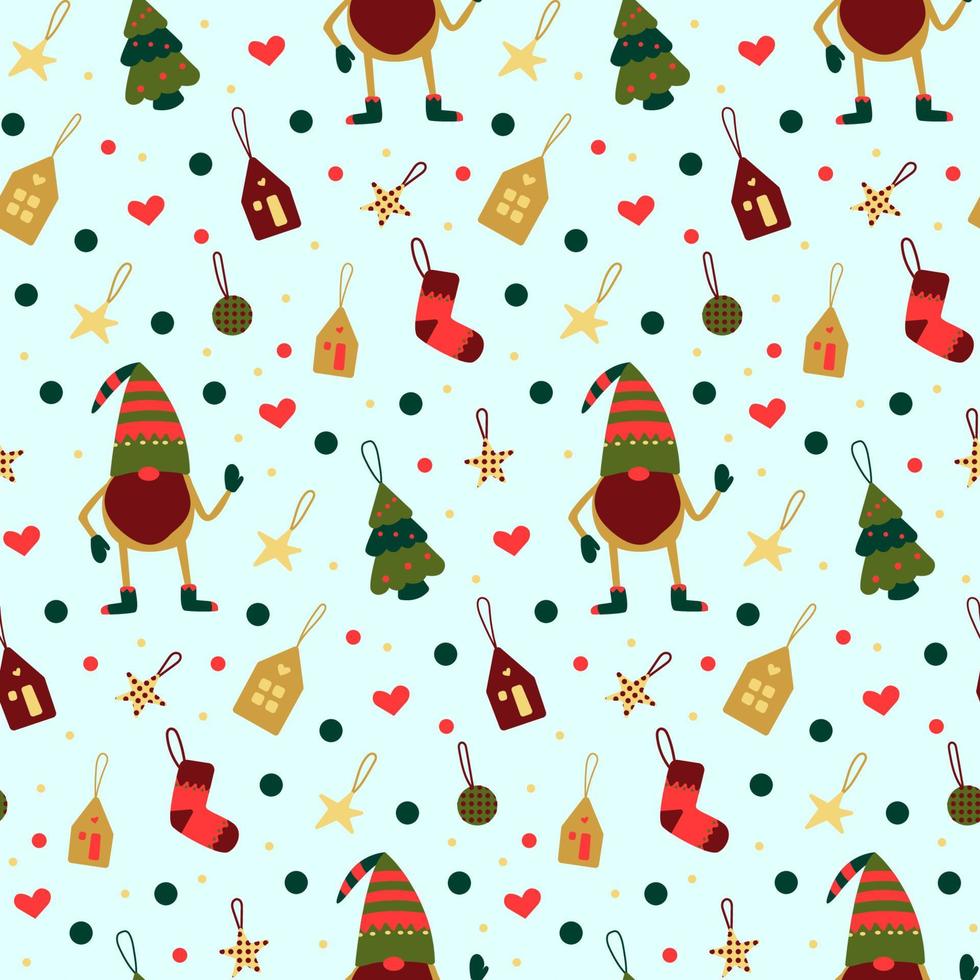 Scandinavian gnomes and houses vector seamless pattern. Christmas repeat background with gnomes tree and homes