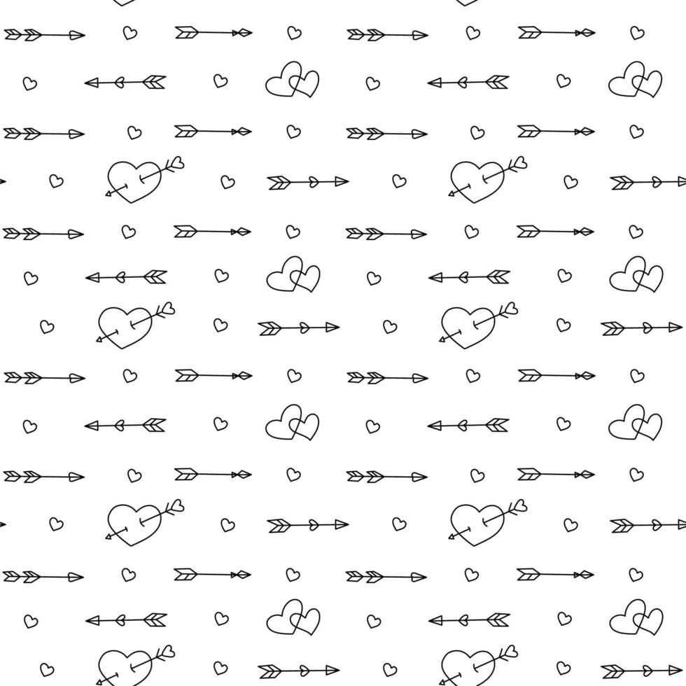 Arrows with heart vector seamless pattern on white background. Valentine background in doodle style.