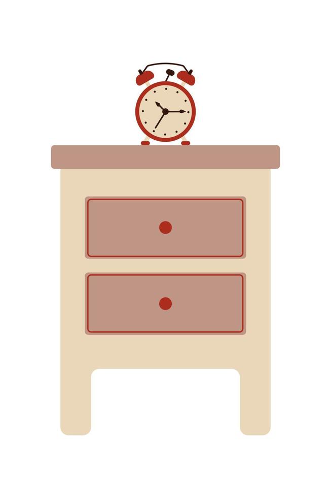 Nightstand with clock in flat style. Vector illustration of bedside table isolated on white