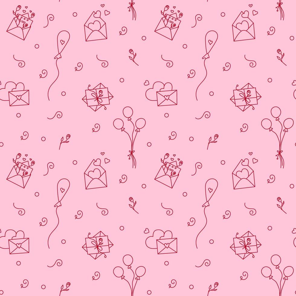 Pink Valentine background with envelopes and floating balloons. Vector seamless pattern with love letters