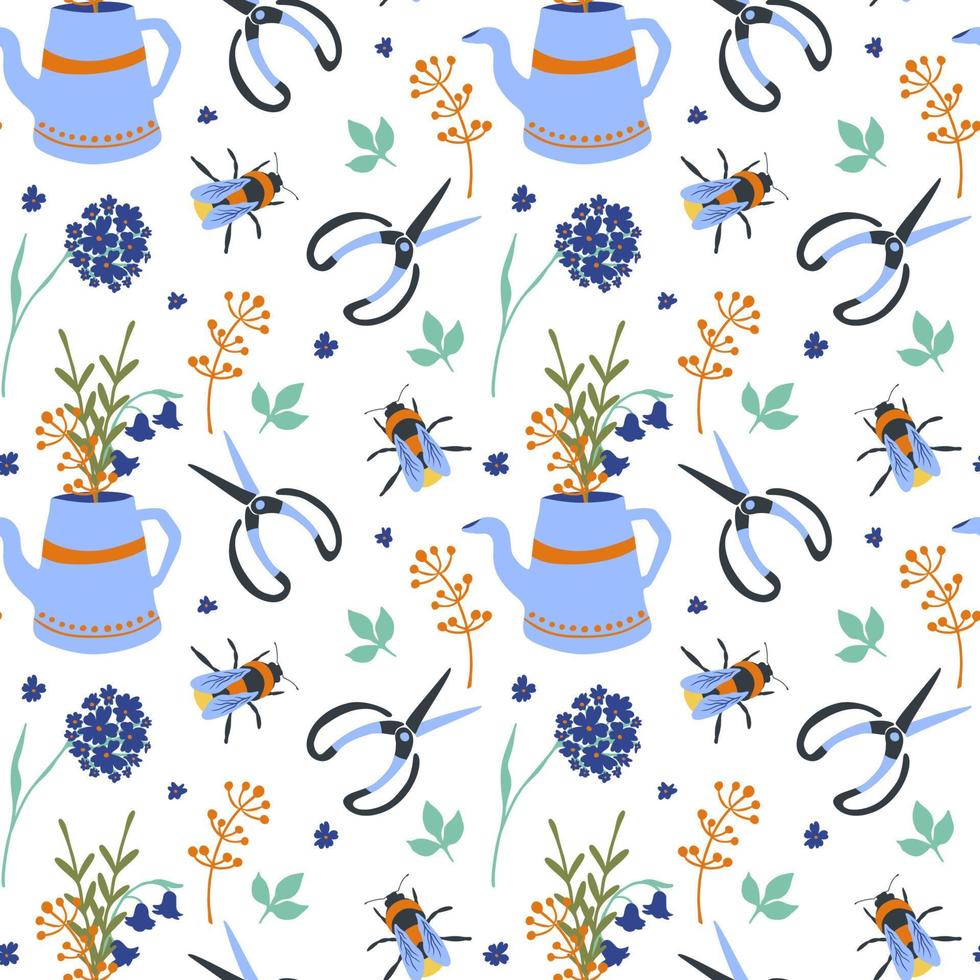 Seamless pattern with garden tools flowers and bee vector