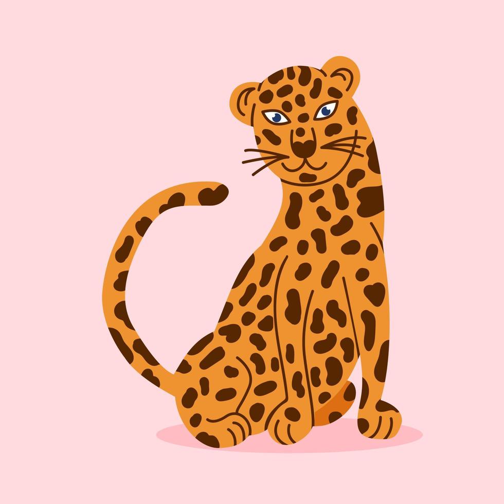 Leopard sitting illustration on pink background. Exotic jungle animal vector