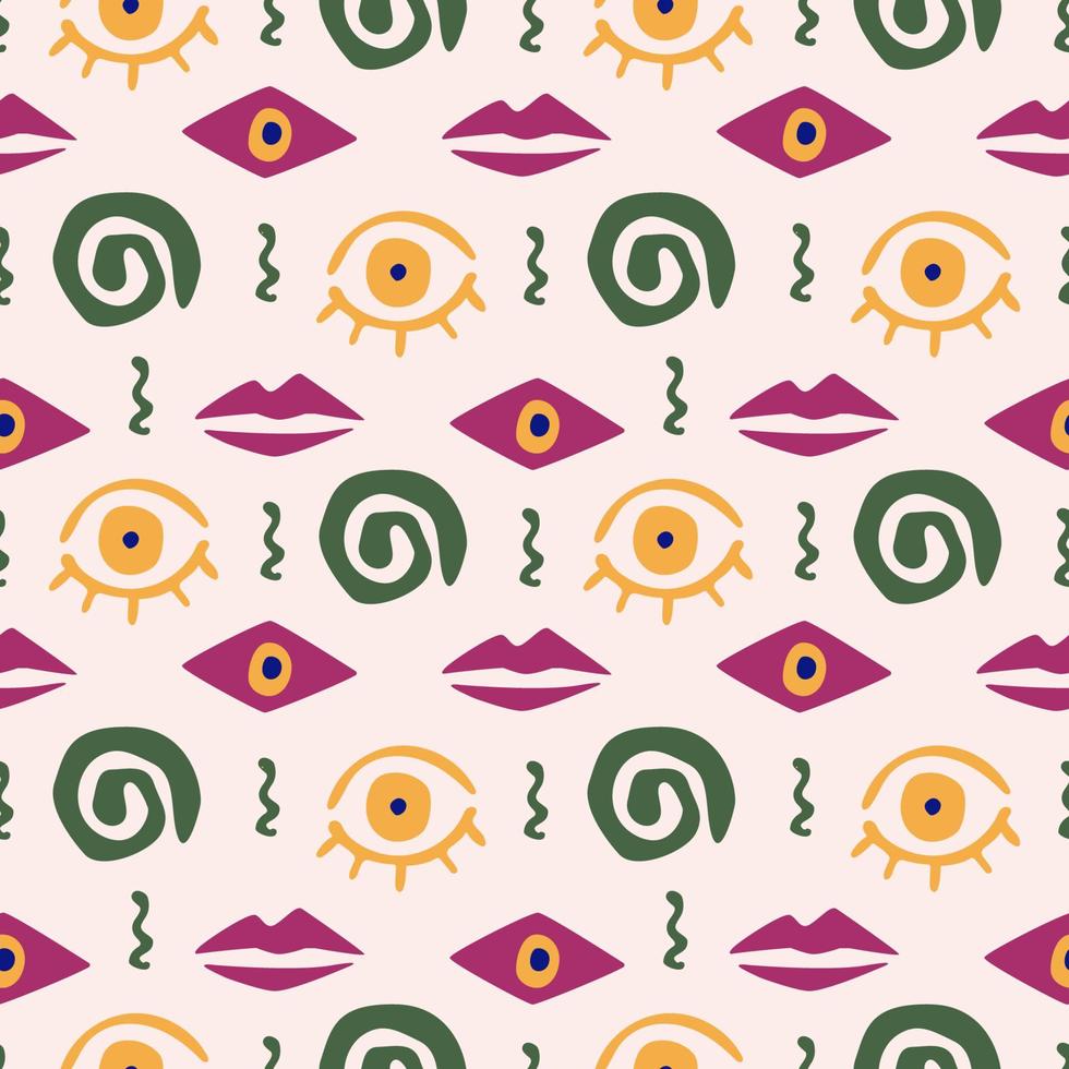 Abstract seamless pattern with lips and eyes. Hand drawn organic shapes for fabric, wrapping paper, textile, wallpaper, home apparel and much more. vector