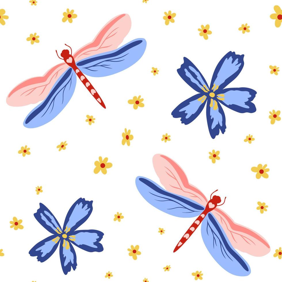 vector seamless pattern with dragonflies and flowers