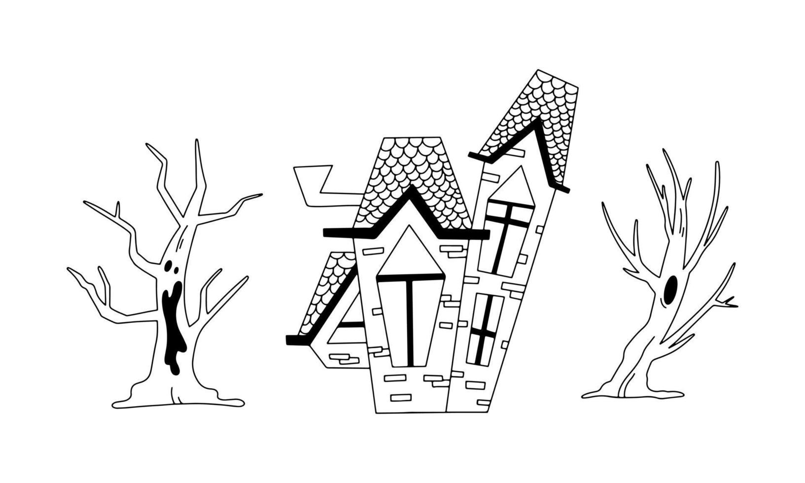 Set of spooky Halloween tree and house cartoon illustrations vector