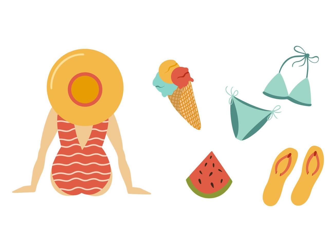 Girl in hat on vacation. Summer object vector stock set of swimming suit, ice cream and watermelon