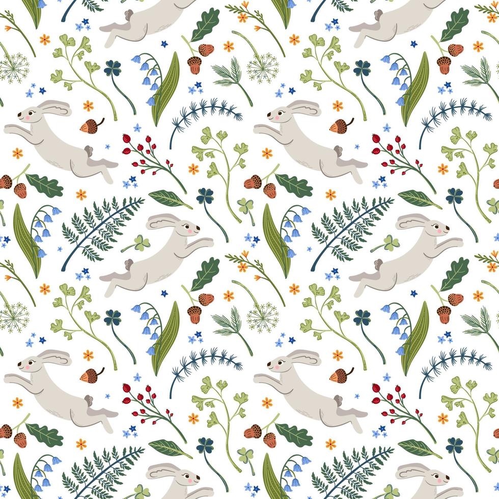 Forest seamless vector pattern with rabbit and florals on white background. Woodland nature wallpaper design