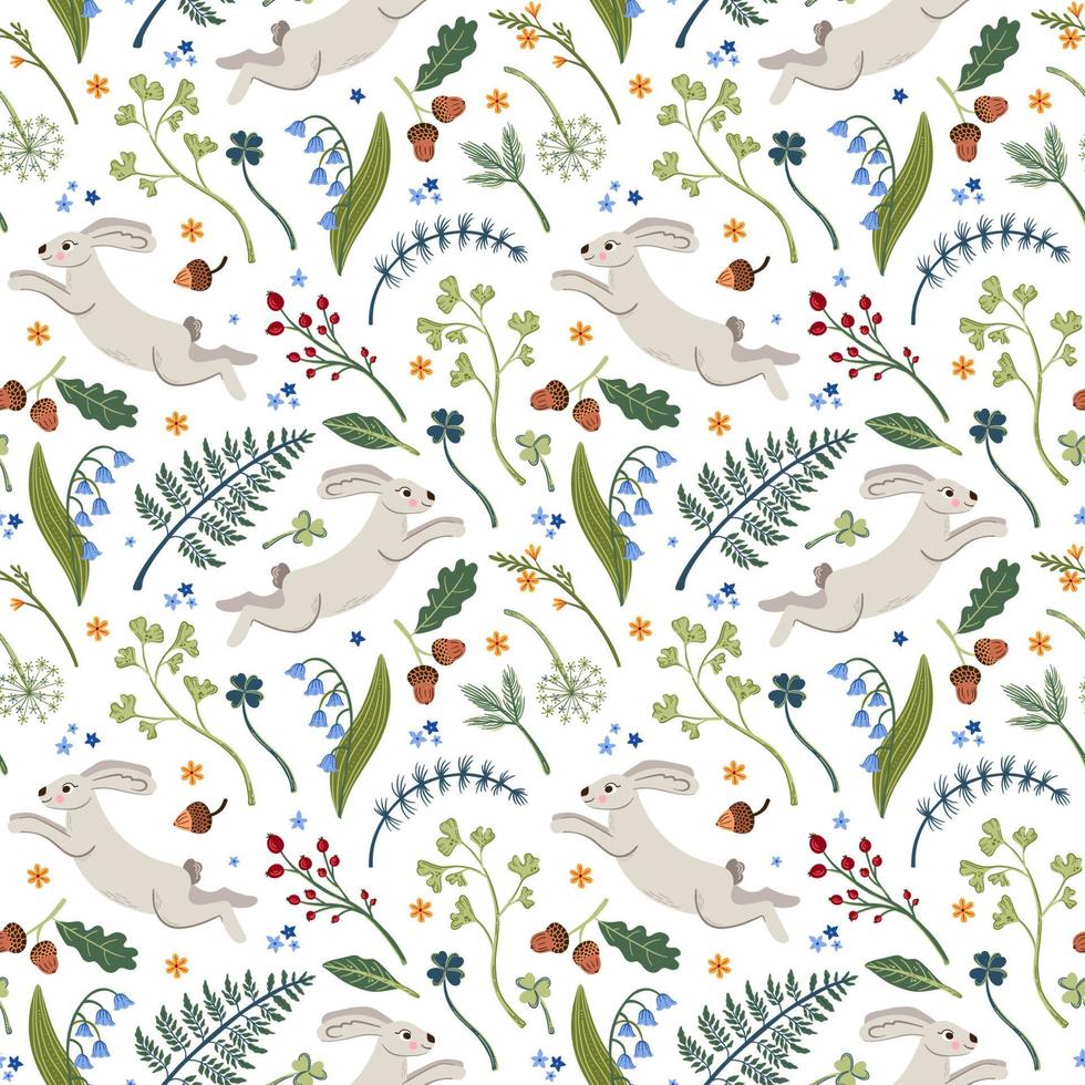 Forest seamless vector pattern with rabbit and florals on white background. Woodland nature wallpaper design