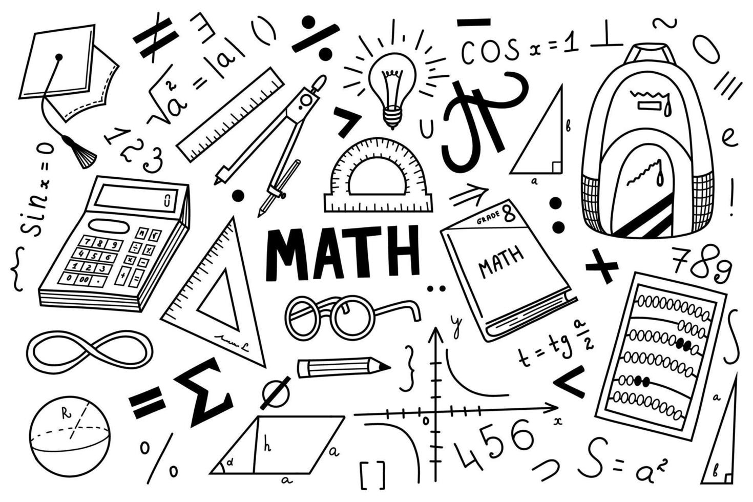 garabato de matemáticas. conjunto de escuela de vector dibujado a mano.