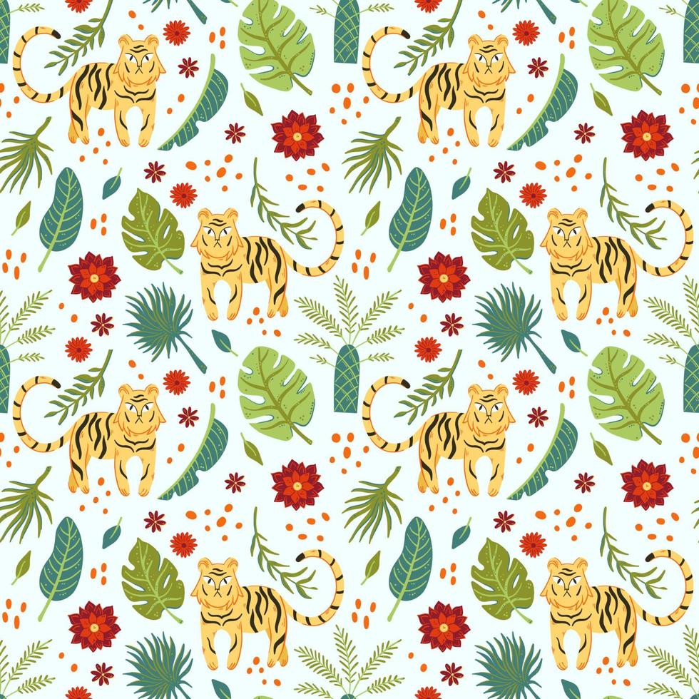Tiger with safari plants and flowers seamless vector background. Funny animal pattern design for kids
